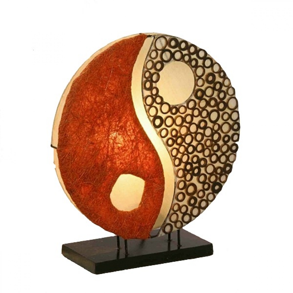 YING YANG Bast Cocos Tischlampe rot BALI LAMPE 30 cm handgefertigt