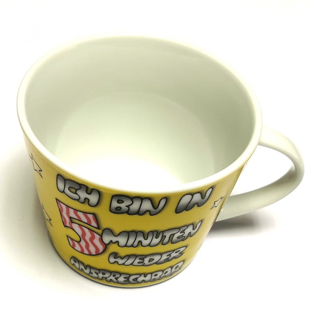 Kaffeetasse Tasse ICH BIN IN 5 MINUTEN WIEDER ANSPRECHBAR Keramik gelb