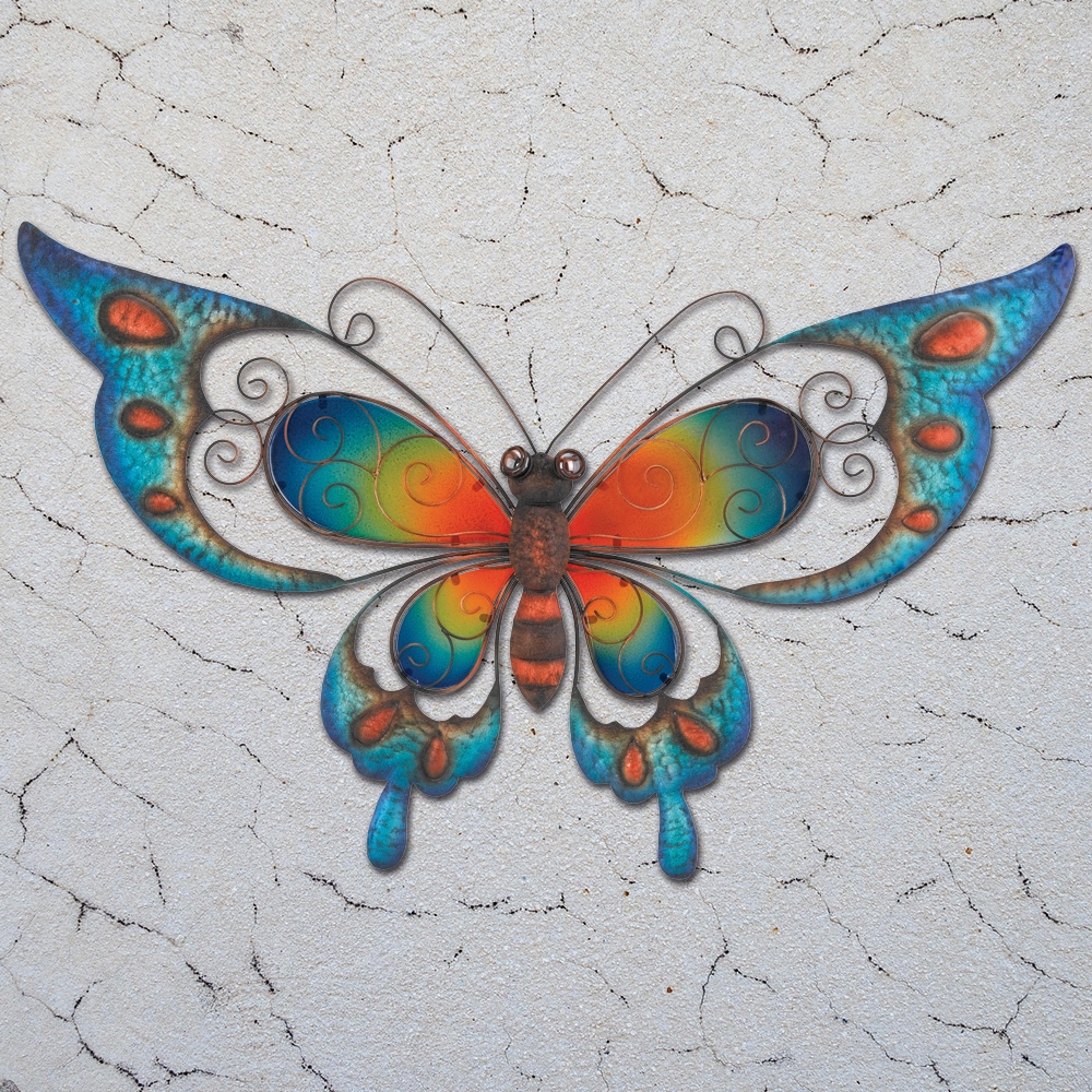 EDEL SCHMETTERLING BLAU 74 cm Metall Glas Wanddekoration für Innen & Außen