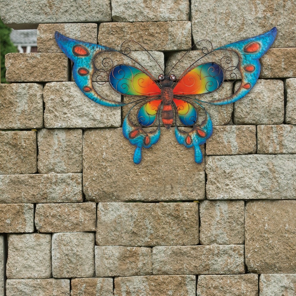 EDEL SCHMETTERLING BLAU 74 cm Metall Glas Wanddekoration für Innen & Außen