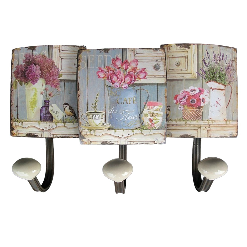 Garderobenleiste FLIEDER LAVENDL TULPEN Metall 3er Haken Wandgarderobe Antik Look