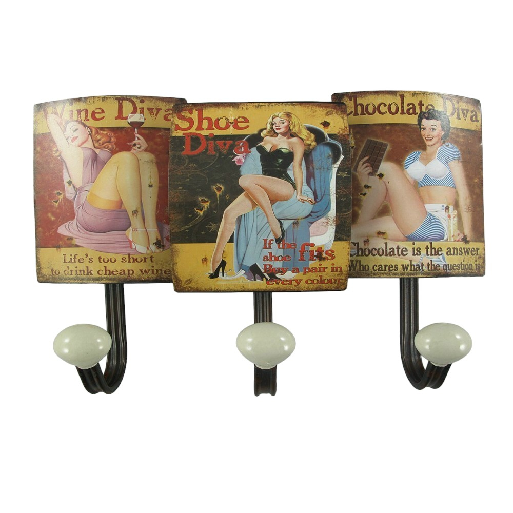 Garderobenleiste WINE DIVA SHOE DIVA CHOCOLATE DIVA Metall 3er Haken Wandgarderobe Antik Look