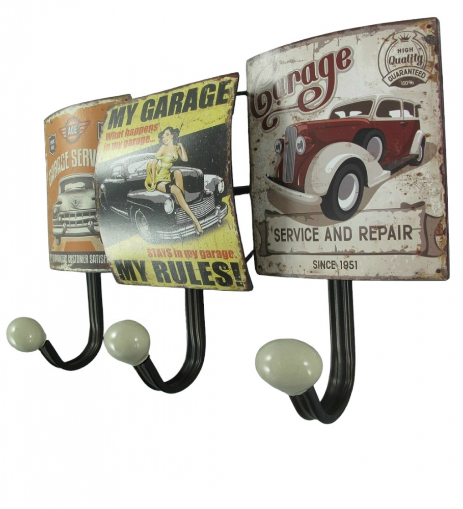 Garderobenleiste US OLDTIMER MY GARAGE Metall 3er Haken Wandgarderobe Antik Look