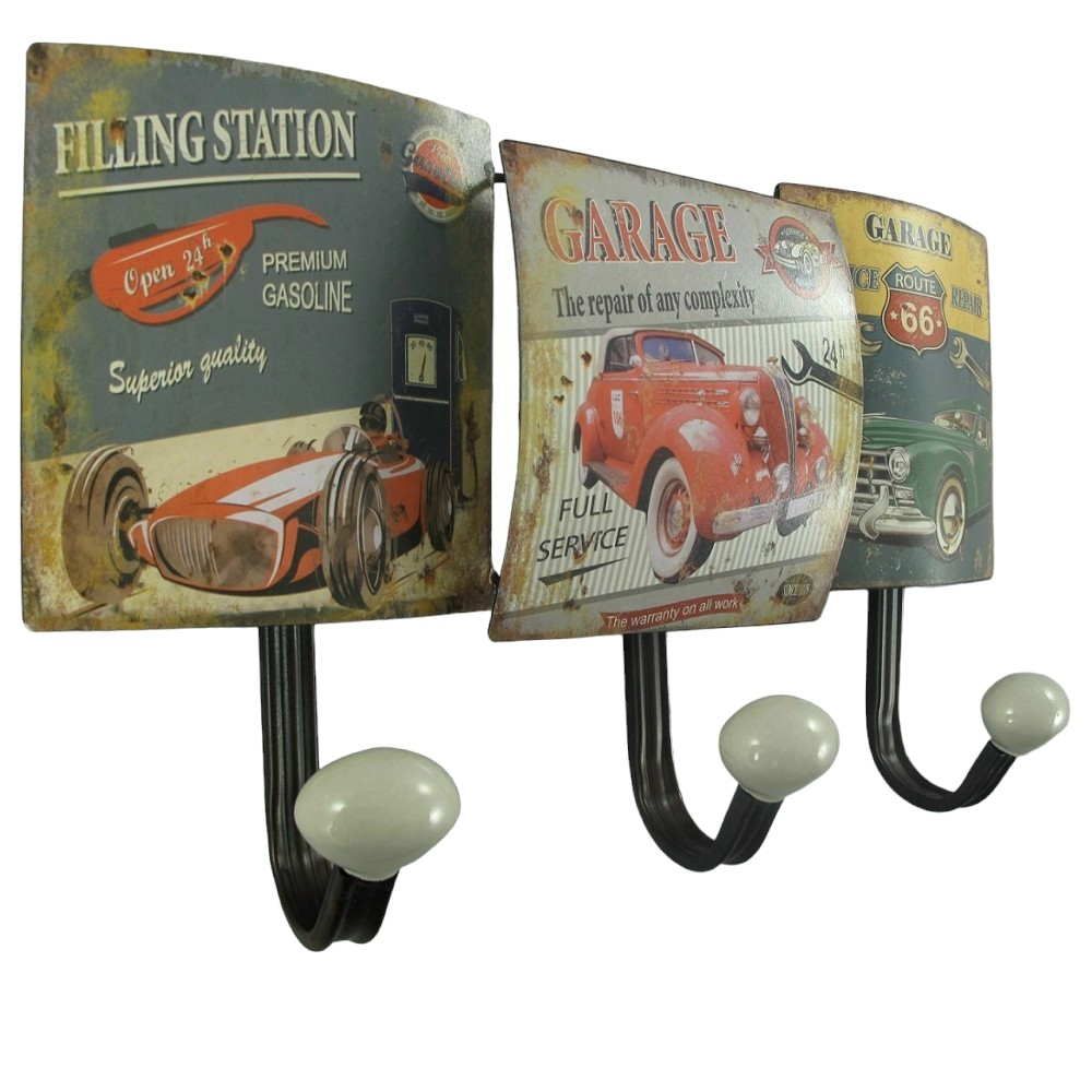 Garderobenleiste ROUTE 66 GARAGE SERVICE Metall 3er Haken Wandgarderobe Antik Look