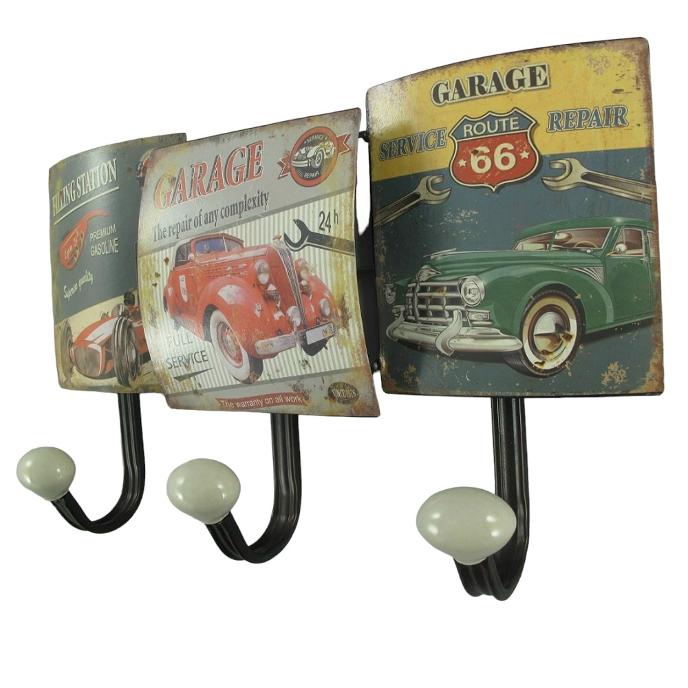 Garderobenleiste ROUTE 66 GARAGE SERVICE Metall 3er Haken Wandgarderobe Antik Look