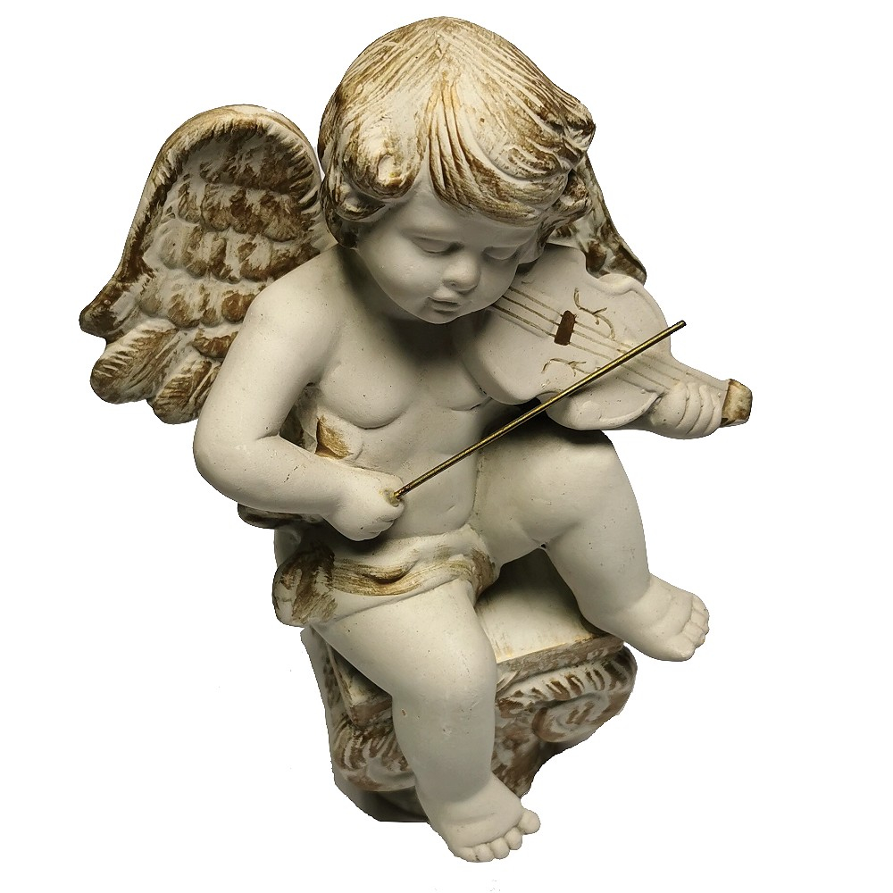 ENGEL MIT VIOLINE AUF SOCKEL handbemalt Keramik Statue Skulptur Deko 25 cm
