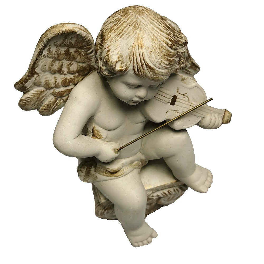 ENGEL MIT VIOLINE AUF SOCKEL handbemalt Keramik Statue Skulptur Deko 25 cm