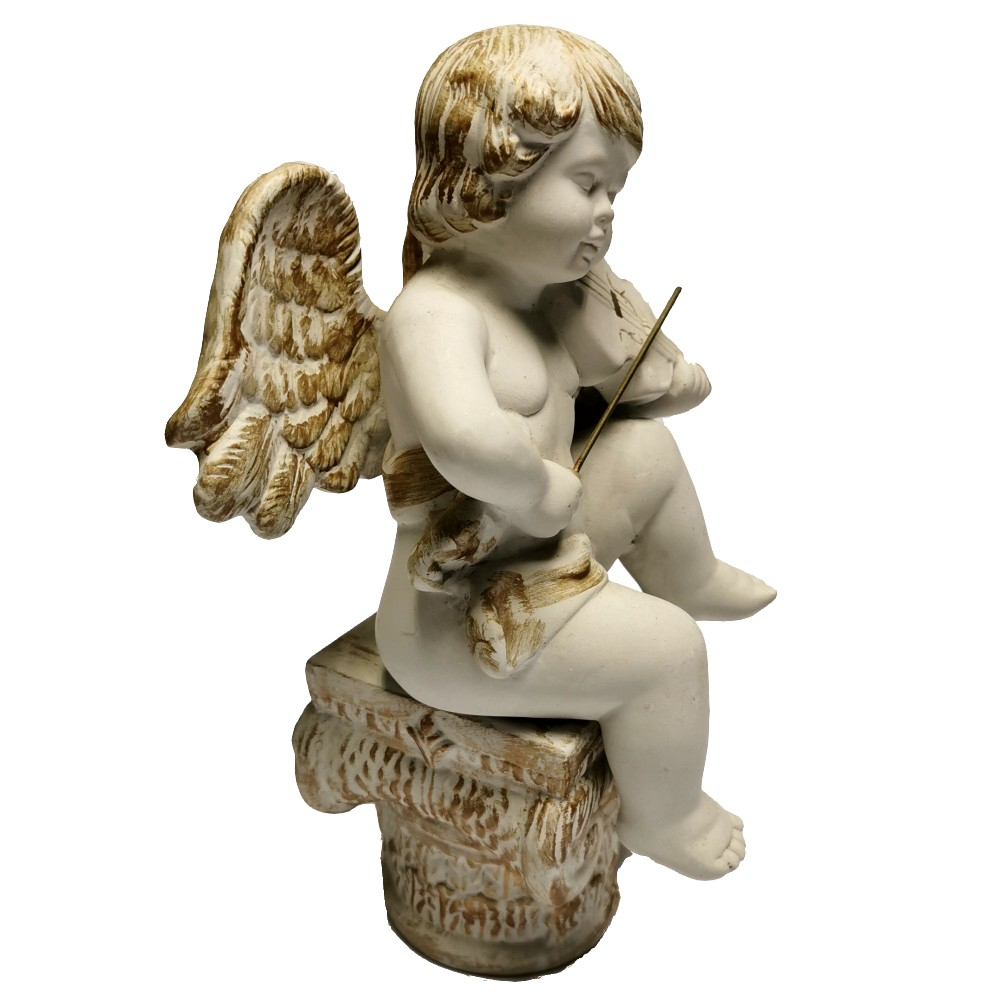 ENGEL MIT VIOLINE AUF SOCKEL handbemalt Keramik Statue Skulptur Deko 25 cm