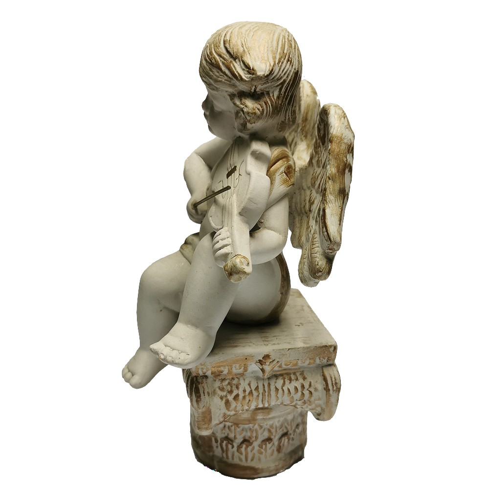 ENGEL MIT VIOLINE AUF SOCKEL handbemalt Keramik Statue Skulptur Deko 25 cm