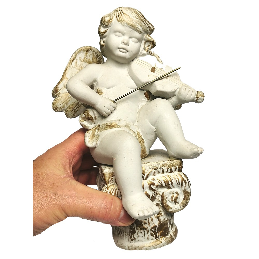 ENGEL MIT VIOLINE AUF SOCKEL handbemalt Keramik Statue Skulptur Deko 25 cm
