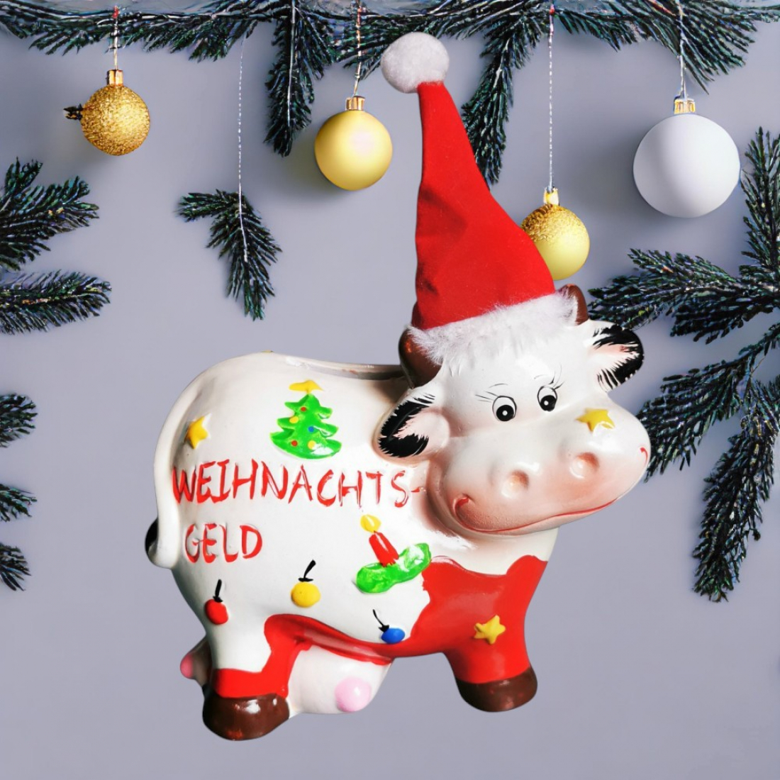 Spardose "WEIHNACHTSGELD" lustige Kuh mit Weihnachtsmütze