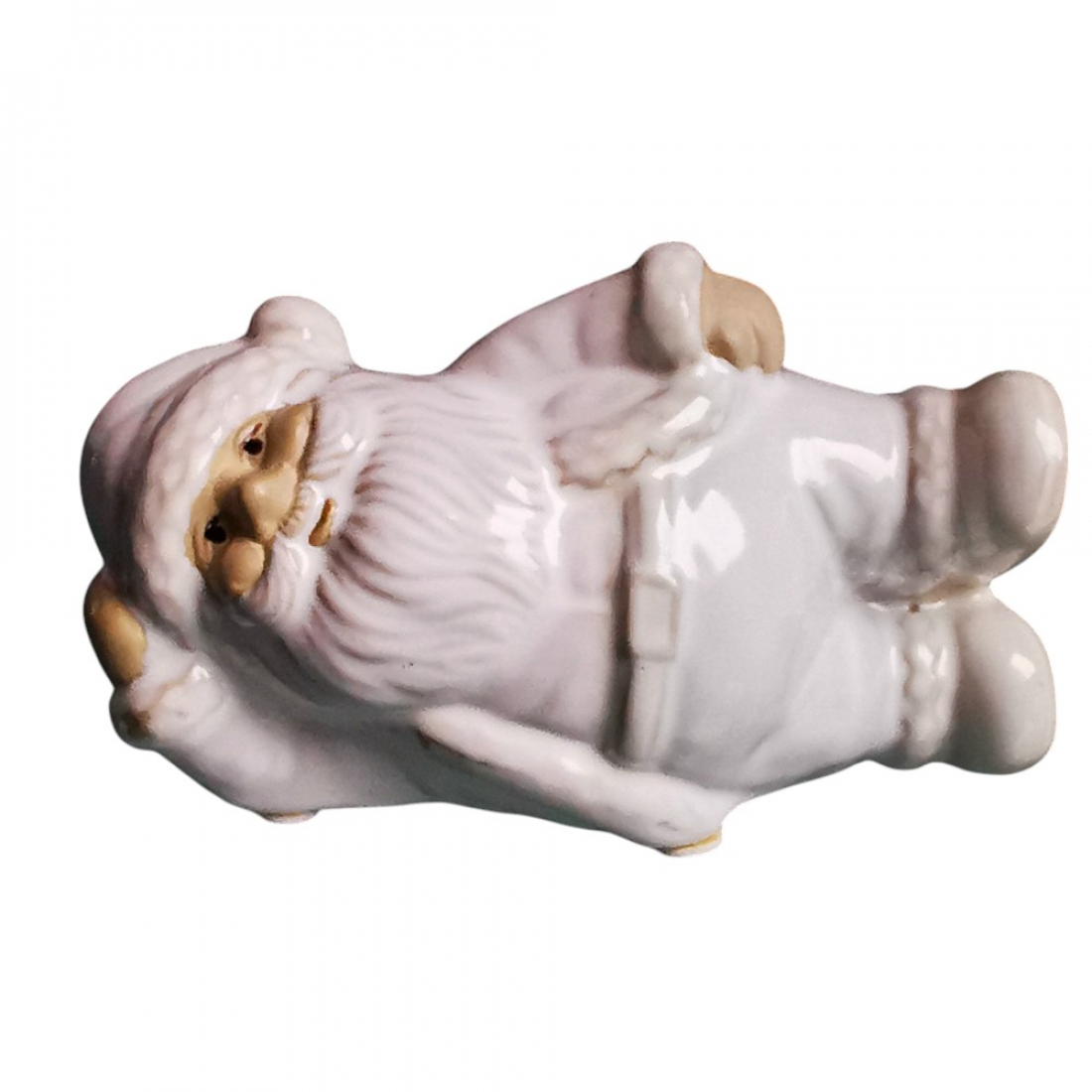 Liegender Weihnachtsmann Keramik, elegante Weihnachtsfigur in Weiß