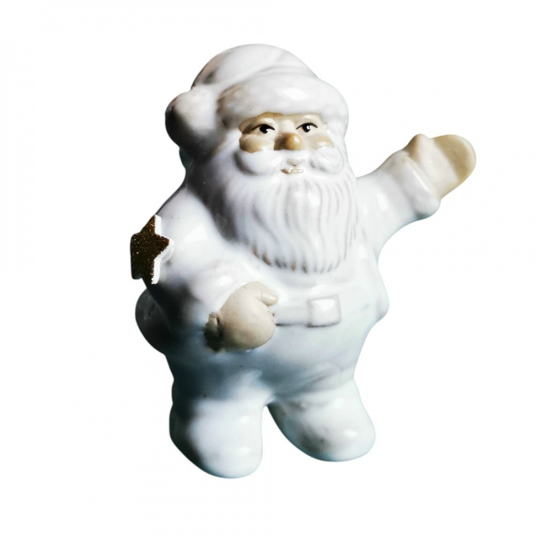 Weißer Weihnachtsmann stehend & winkend mit goldenem Stern