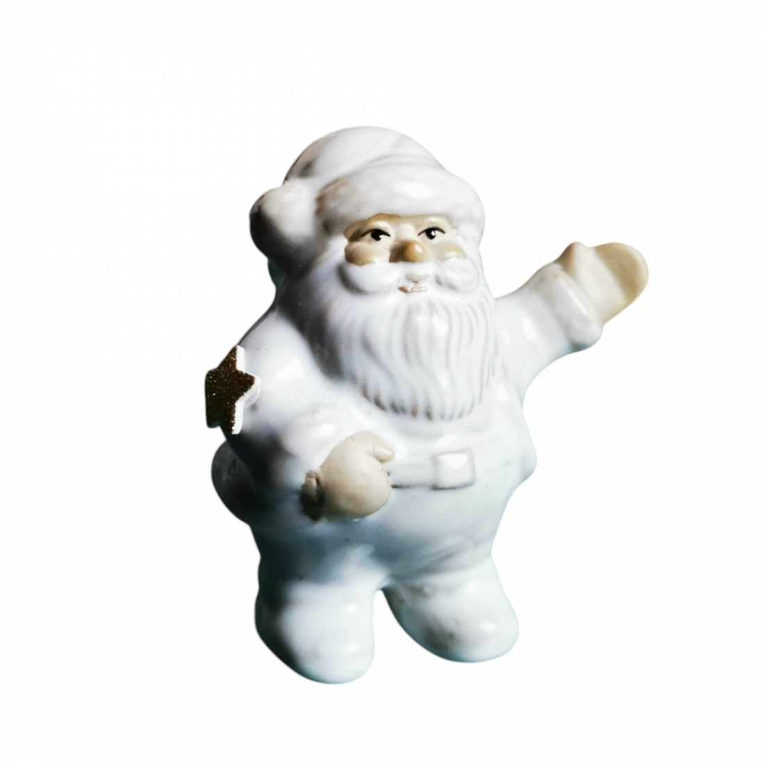 Weißer Weihnachtsmann stehend & winkend mit goldenem Stern