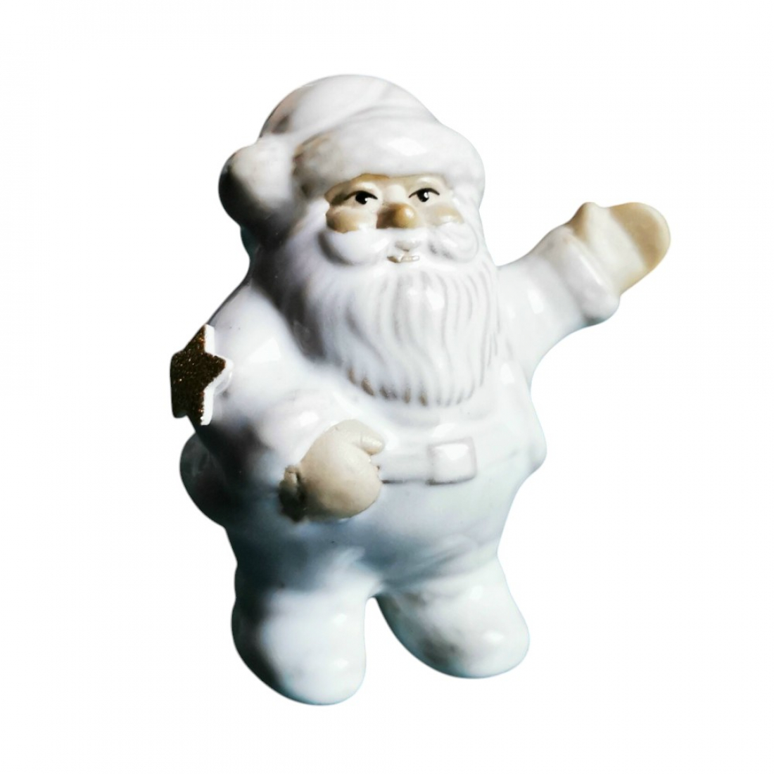 Weißer Weihnachtsmann stehend & winkend mit goldenem Stern